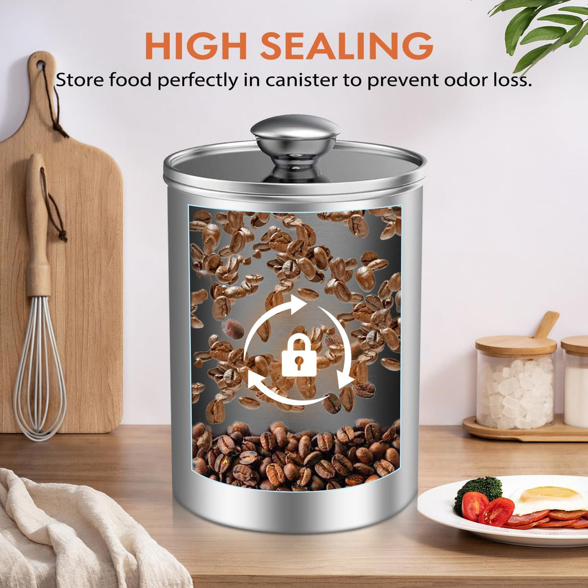 Enloy Stainless Steel Food Storage Container Set of 3, 88/61/29 oz with Clear Glass Lids - Ideal for Coffee, Tea, Sugar, Flour Canisters