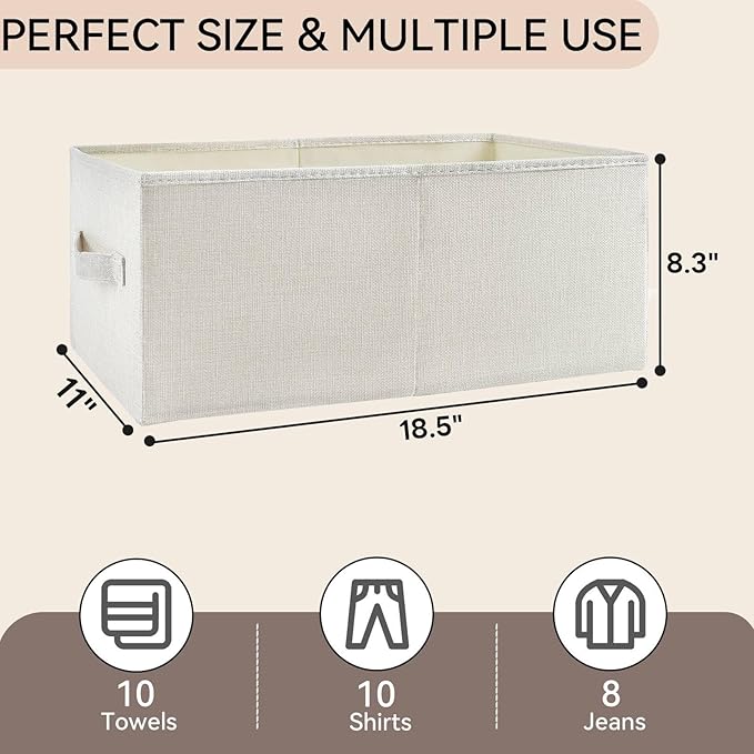 3 Pack Linen Storage Baskets with Handle,Large Foldable Closet Storage Bins for Shelves, Toys, Sheets, Clothes Organization,18"×11"×8",Beige