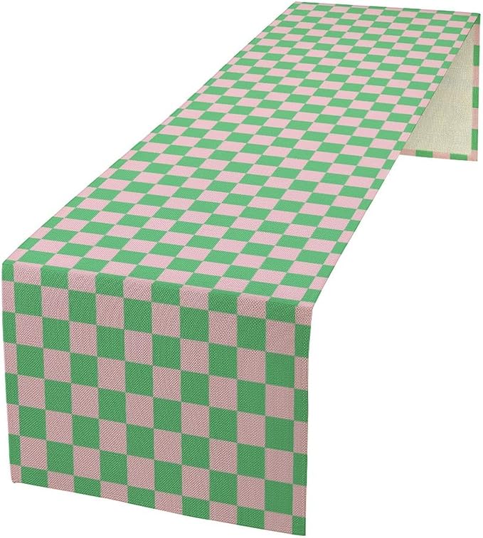 Retro Checkered Table Runner, Cute Pink Green Checkerboard Vintage Hippie Modern Aesthetic Table Runner for Party Kitchen Dining Home Outdoor Banquet 13x120in