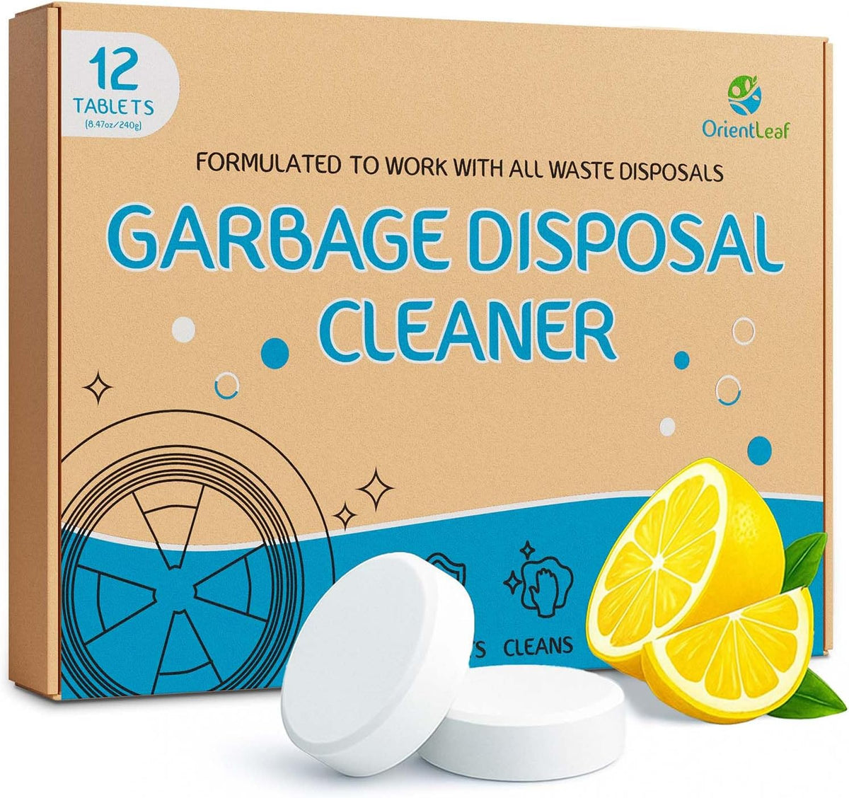 Garbage Disposal Cleaner and Deodorizer Tablets 20g 1 Year Supply Sink Freshener Pods, Prevents Odors and Clogs, Natural Kitchen Drain Cleaner 12 Pack