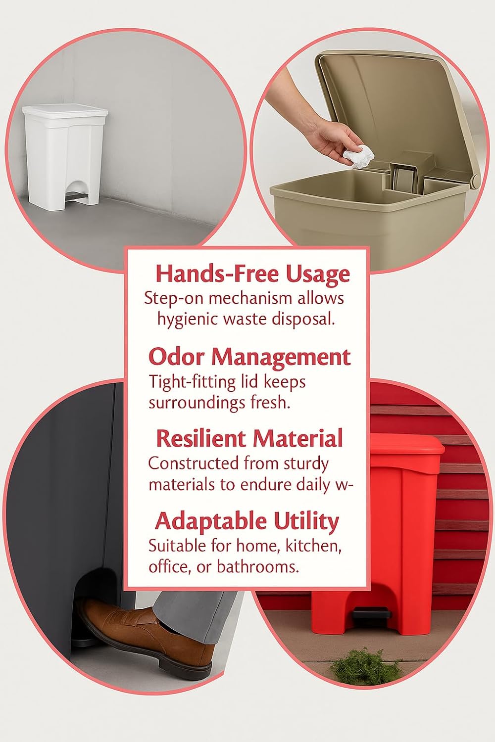 PRO&Family Step-On Trash Can with Lid, Plastic Waste Bin, Foot Pedal Operation (White, 18 Gallon)