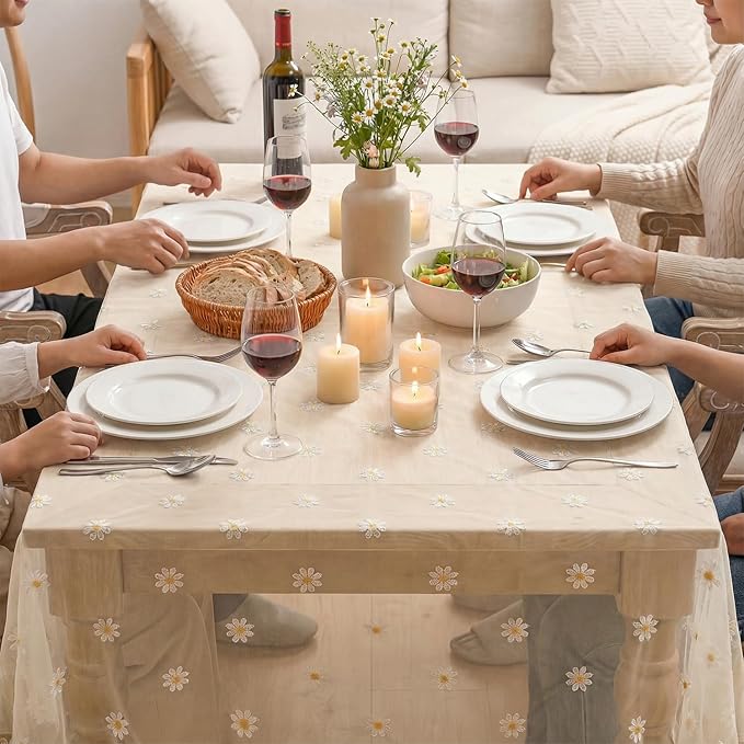 Horaldaily Champagne Embroidery Daisy Spring Summer Gauze Tablecloth 60×84 Inch Rectangular, Seasonal Tulle Table Cover, Garden Party Decorations for Wedding, Party, Holiday Dining