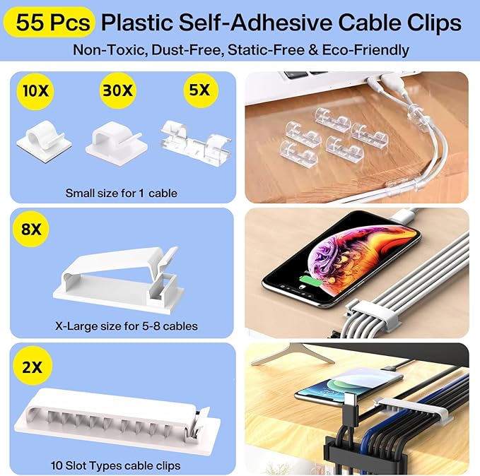 [313Pcs] Cable Management Kit, 67 Adhesive Cable Clips, Topavatop Desk Cord Organizer, 22 Reusable Cable Strap, 4 Cable Sleeve Split, 200 Nylon Cable Zip Ties with 20 Mounts for TV Office Home, White