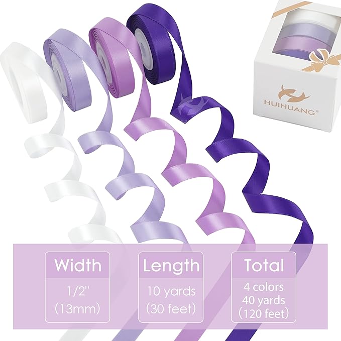 HUIHUANG Purple Satin Ribbon 1/2 inch x 4 Rolls White/Dark Purple/Lilac/Lavender Ribbon for Gift Wrapping DIY Crafts Hair Decor Flower Bouquets Wedding Decor- Total 40 Yards