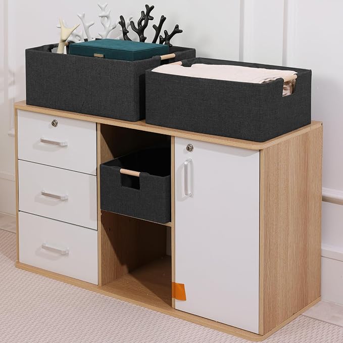 ANMINY 2PCS Storage Baskets for Organizing Collapsible Fabric Storage Bins Boxes with Wood Handles Closet Shelves Cube Organizer Bins Clothes Laundry Storage Container - Large, Black