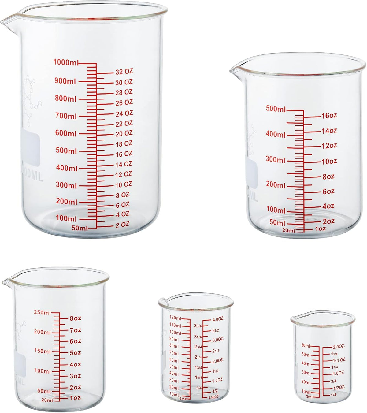 High Borosilicate Glass Measuring Cup Set-V-Shaped Spout,Includes 60ml(2OZ), 120ml(4OZ), 250ml(8OZ), 500ml(16OZ), and 1000ml (32OZ) for Kitchen or Restaurant, Easy to Read