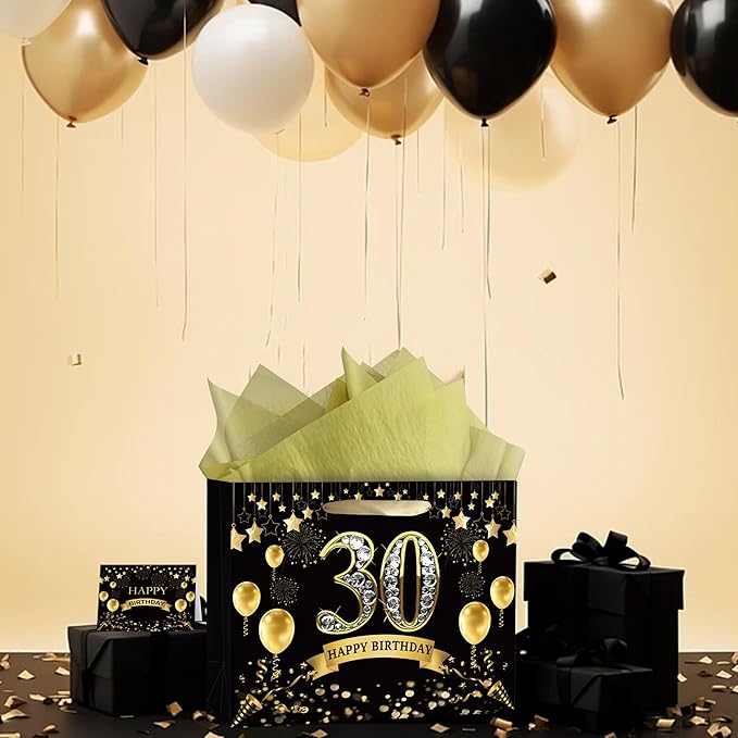 OIIVPOK 30th Birthday Gift Bag, Happy Birthday Bag with Tissue Paper and Greeting Card for Party, Happy 30th Bithday Bags for Women Men, 12.6" Medium Gift Bags (30th)