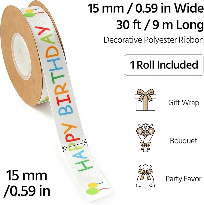 Happy Birthday Ribbon Roll for Gift Wrapping, 15 mm x 30 ft White Printed Birthday Gift Ribbon for Crafts, Party Decorations, Bouquets, Bows and Cake Table Accents