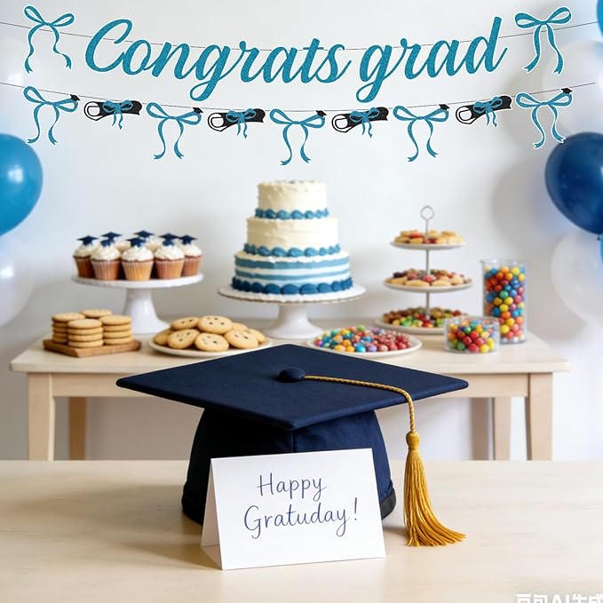 Blue Graduation Decorations 2026-2PCS Blue Bow Congrats Grad Banners Party Decor, Bowknot Graduation Party Supplies for Primary Middle High School University College (No-DIY)