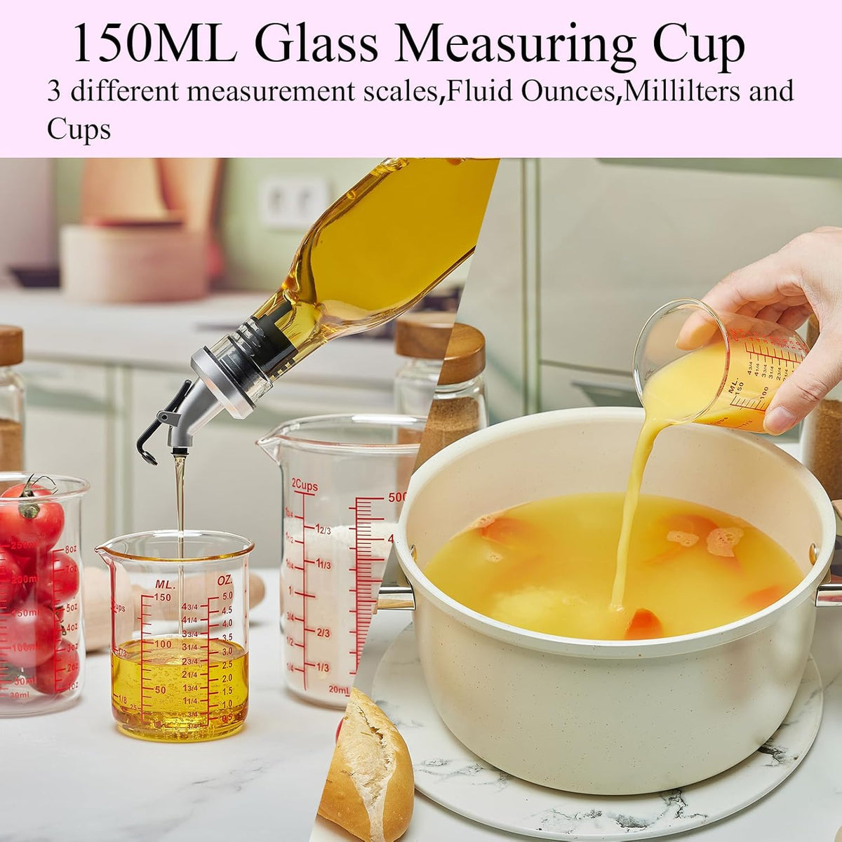 3 Piece Glass Measuring Cup Set, Includes 1/2-Cup, 1-Cup, and 2-Cup High Borosilicate Glasss Liquid Measuring Cups, Dishwasher, Freezer, Microwave