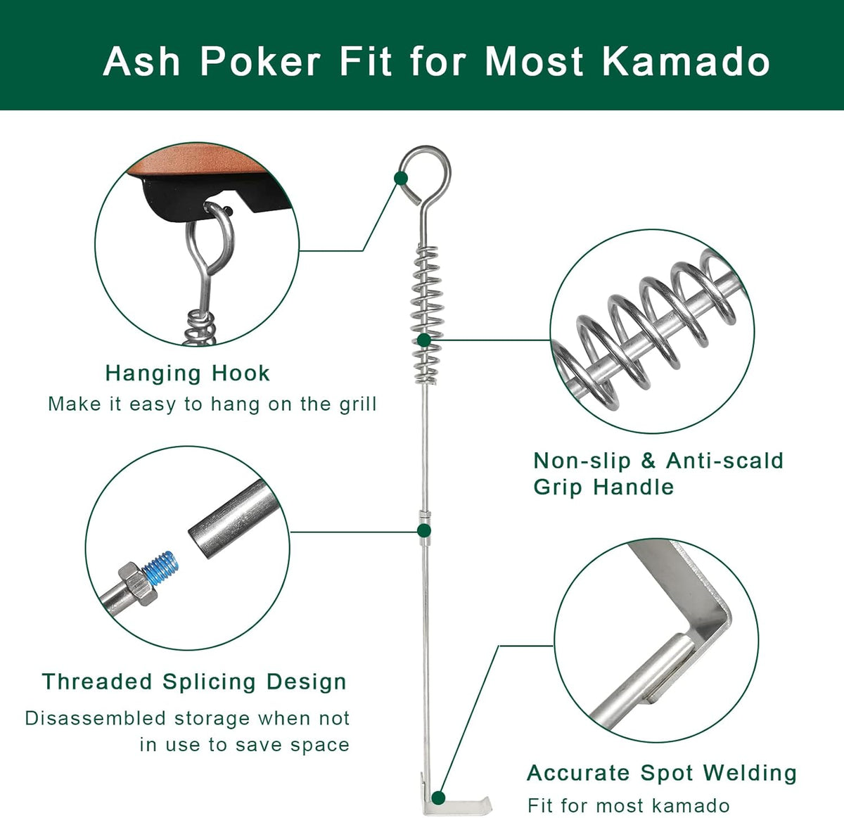 18” BBQ Ash Removal Tool and Ash Pan for Big Green Egg Accessories, Stainless Steel Ash Tool Poker for BGE Primo and Other Charcoal Kamado