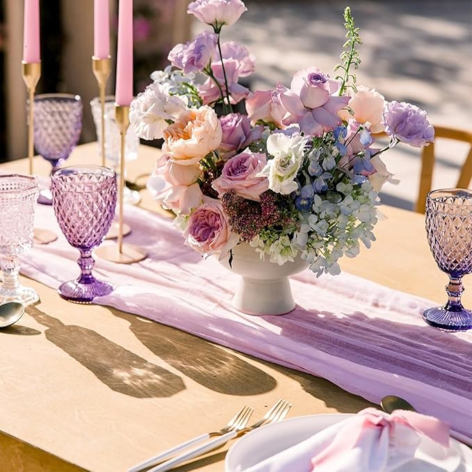 Sioloc 10 Pack Lilac Purple Lavender Cheesecloth Table Runner 120'' x 35'',Spring Easter Decor Soft Gauze Boho Wedding Table Decor for 10ft Table Birthday Party,Baby Shower, Bridal Shower