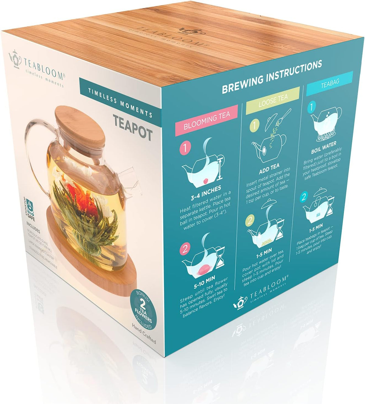 Teabloom Stovetop Safe Glass Teapot with Bamboo Lid (40oz/1200ml) + Loose Leaf Tea Filter Spout + 2 Blooming Teas + Large Bamboo Trivet