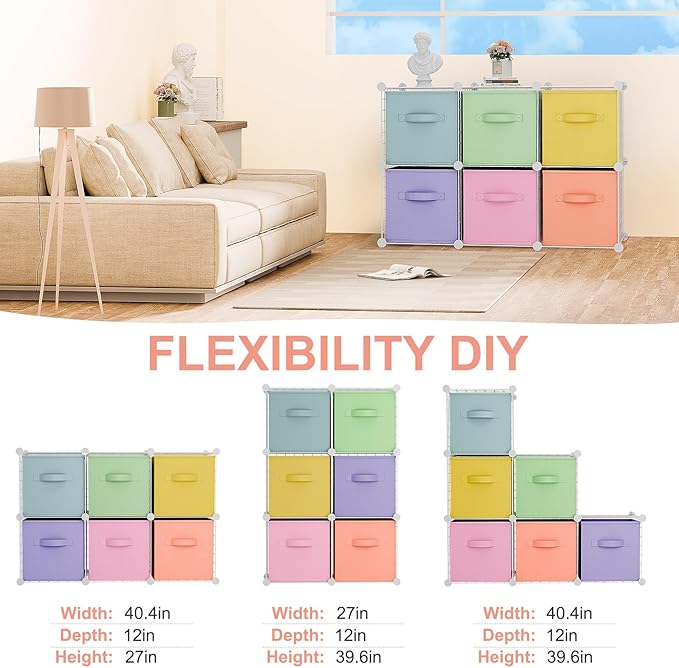 Leinuosen 6 Cube Storage Organizer with Fabric Bins, Wire Grid Stackable Shelves, Modular Storage Units for Bedroom Living Room Office Toys Book Craft(White,Fresh Color)