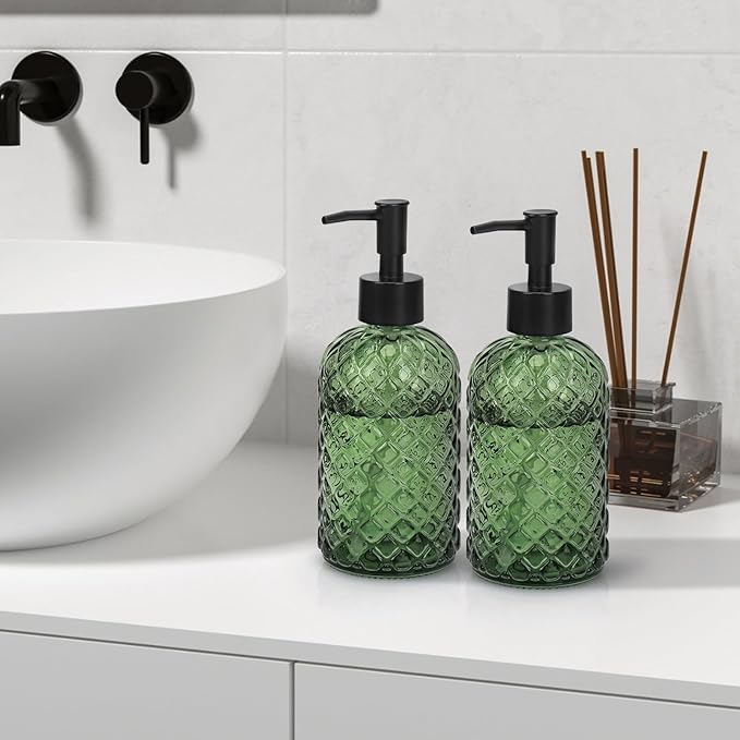 13.5Oz Gem Design Soap Dispenser with Plastic Pump, Refillable Glass Soap Dispenser for Hand Soap, Dish Soap, Lotion (Army Green)