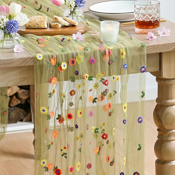 Artoid Mode Green Embroidery Daisy Gauze Table Runner 120 Inch 10FT, Seasonal Sheer Kitchen Dining Holiday Wedding Birthday Table Decor for Home Party