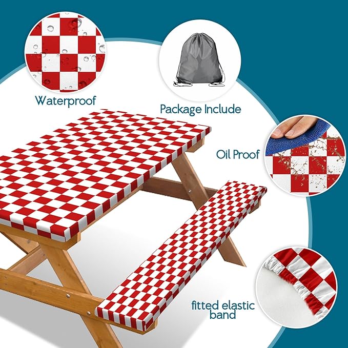 Picnic Table Cover with Bench Covers and Bag, Red and White Checkered Gingham Buffalo Plaid Camping Tablecloth Waterproof Windproof Elastic Edges Fitted Tablecloths for Outdoor Garden 3PCS 30x60 Inch