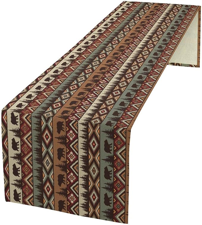 Rustic Bear Table Runner, Cabin Wild Animal Deer Moose Pine Tree Aztec Native Western Farmhouse Hunting Camping Table Runner for Kitchen Dining Home Party 13x108in
