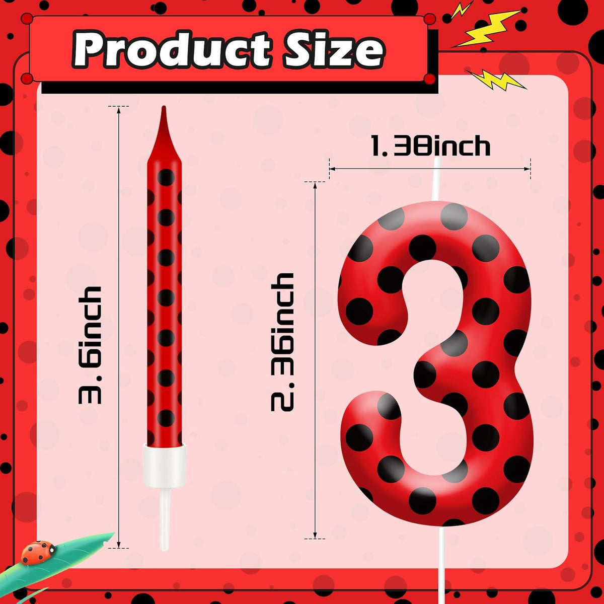 13PCS Ladybug Theme Birthday Candles Set - Red & Black Polka Dot Decorative Candles for Kids Ladybug Themed Parties, Baby Showers, Birthday Cakes, and Ladybird Inspired Celebrations(Number 3)