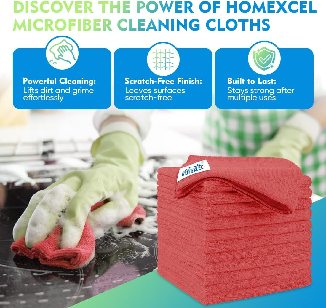 Homexcel Red Microfiber Cleaning Cloth 12 Pack, 12.5 x 12.5 inch Microfiber Towels for Cars, Ultra Absorbent Car Washing Cloth