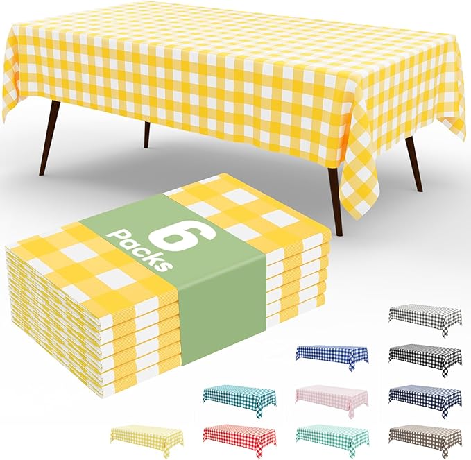 Smiry 6 Pack Yellow Gingham Disposable Tablecloths - 54" x 108" Heavy Duty Plastic Table Cloth, Waterproof Buffalo Plaid Table Covers for Picnic, Banquets, Outdoor Parties