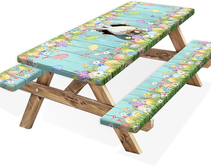 Easter Picnic Table Cover with Bench Covers, Cute Bunny Flower Blue Wooden Board Camping Tablecloth, Waterproof Windproof, Fitted Tablecloth Cover with Elastic Edge, for Outdoor, 3 PCS, 30x72 Inch