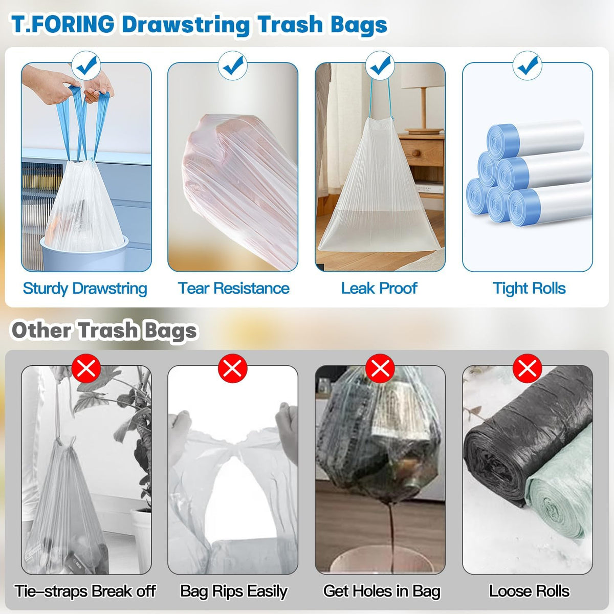5 Gallon Trash Bags Drawstring 1.1 Mil - 120 Count 18 Liter Small Garbage Bags for Bathroom, Strong Unscented White Plastic Wastebasket Bin Liners for Kitchen Office Toilet and Bedroom