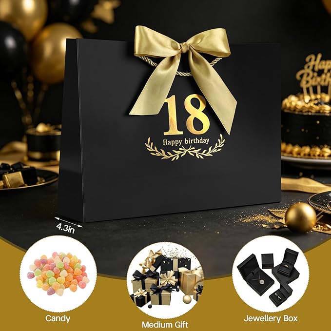 JMANNI Black Gold 18th Birthday Gift Bag with Card and Tissue Paper, 14.2"×9.84"×4.3" Large Present Bag for Adults, 18 Year Old Birthday Keepsake Party Supplies