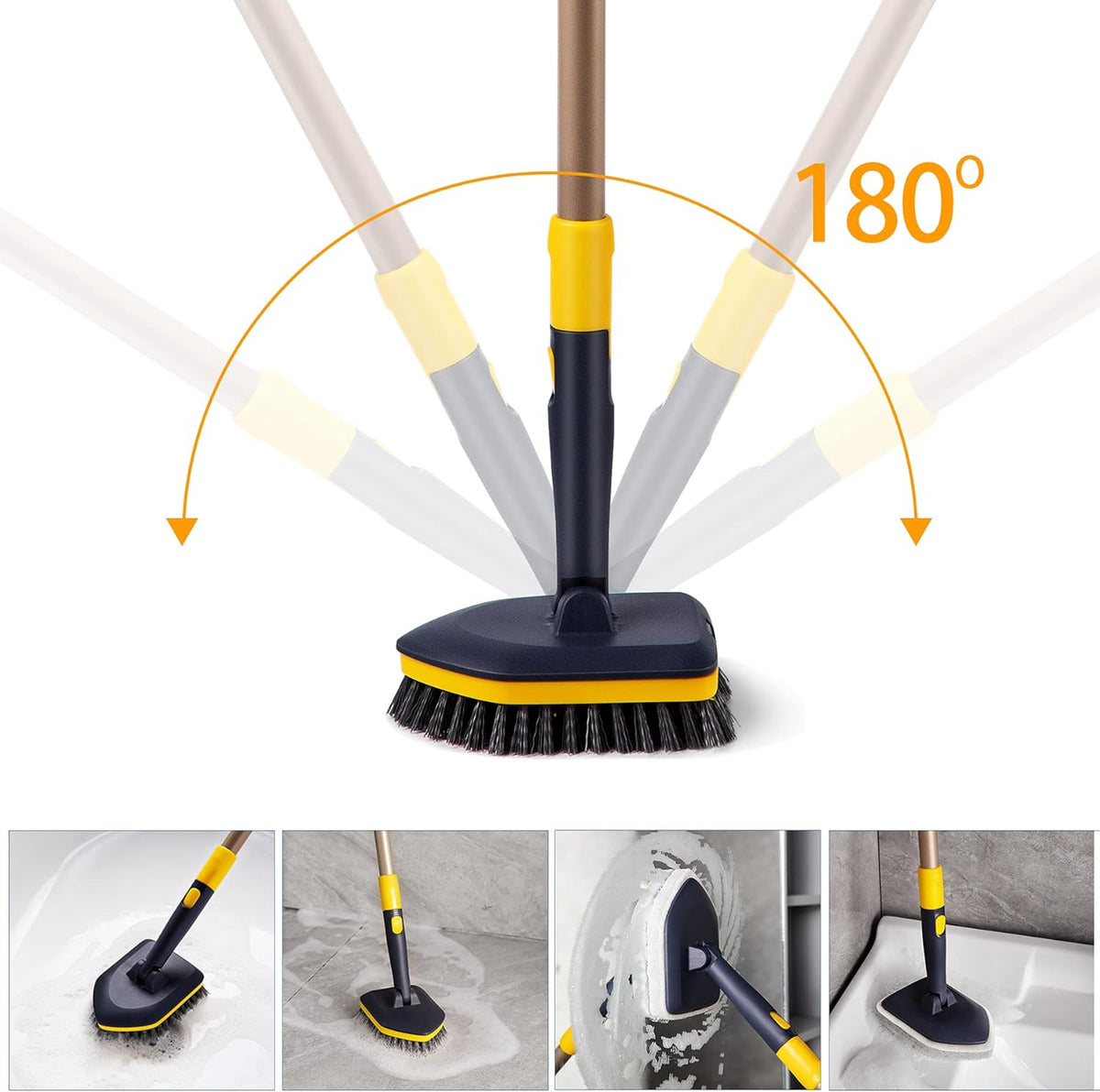 Yocada Tub Tile Scrubber Brush 2 in 1 Cleaning Brush 58.2 Inch Adjustable Telescopic Pole Stiff Bristles Scouring Pads for Cleaning Bathroom Kitchen