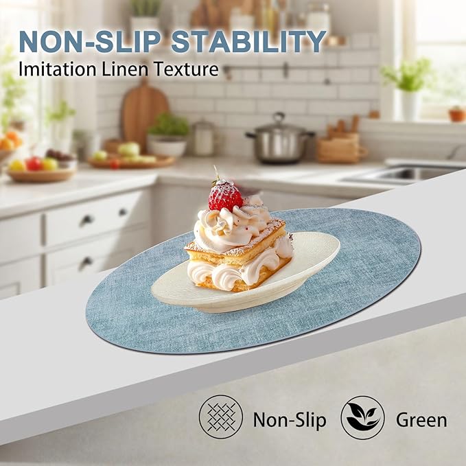 Round Faux Leather Placemats and Coasters, Set of 8, Reversible Heat Resistant Non-Slip Table Mats, Waterproof Wipeable Place Mats for Dining Table, Washable for Indoor & Outdoor (8, Blue)