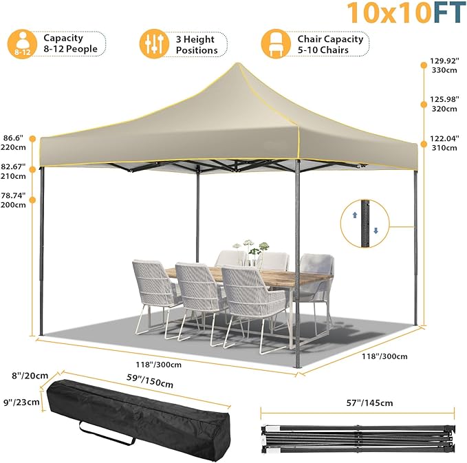 COBIZI 10x10 Pop Up Heavy Duty Canopy Tent with 4 Sidewalls, Easy Setup Outdoor Commercial Instant Tent for Parties Events Canopy with Portable Bag, Waterproof & UPF50+ (Khaki)