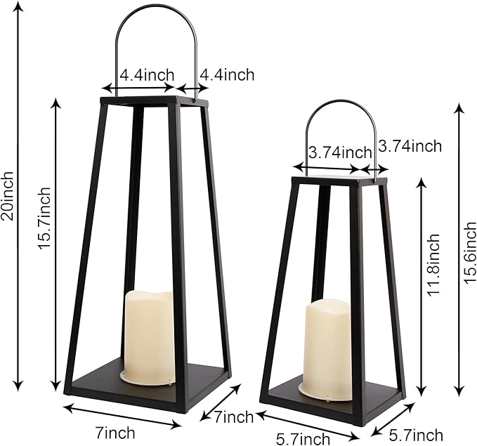 HPC Decor 2PCS Solar Lanterns for Outdoor Decor-20in 15.6in Black Metal Candle Lanterns w/ Waterproof Solar Powered Candles- Modern Farmhouse Hanging Decor for Front Porch,Yard Garden Patio