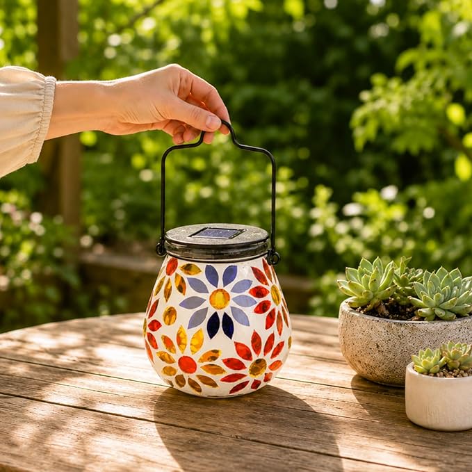 Afirst Mosaic Solar Lanterns Outdoor - Glass Hanging Solar Lights Hollow Out Waterproof Table Lamp Outdoor Decorative for Garden, Patio, Holiday Party Outdoor Decoration