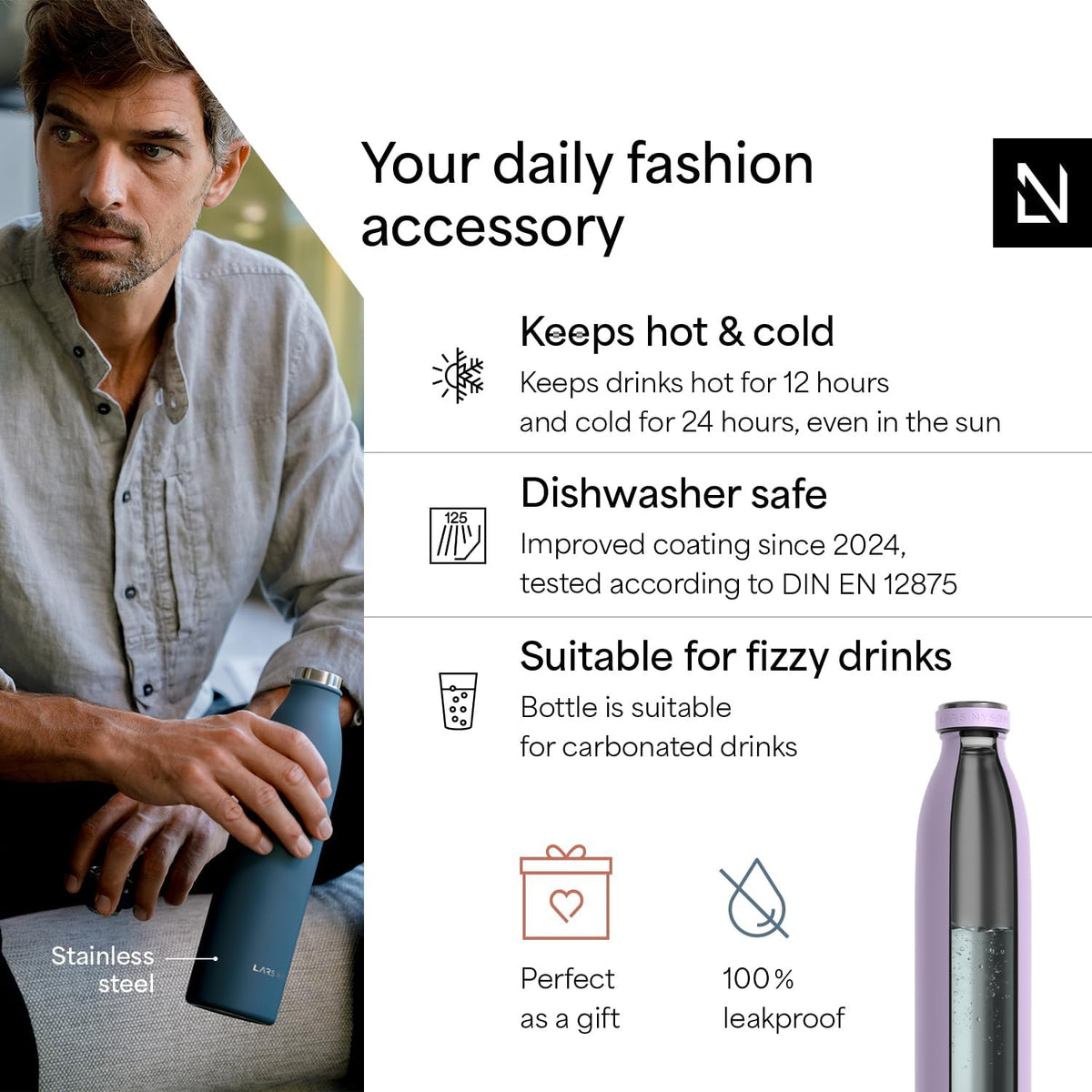 LARS NYSØM Stainless Steel Insulated Water Bottle 12oz 17oz 25oz 34oz 51oz | Insulated Thermo Flask for Hot and Cold Beverages | Leakproof Drinking Bottle (Lavender Purple, 25.4oz)