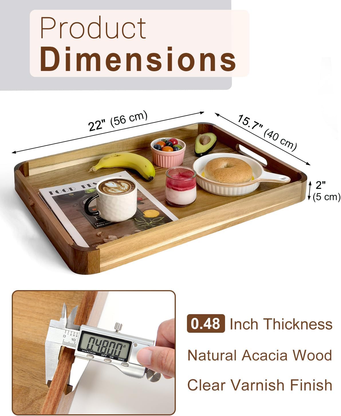 22 Inches Acacia Wood Serving Tray with Handles, Large Wooden Rectangle Ottoman Tray, Nice Home Decor for Living Room Coffee Table Couch