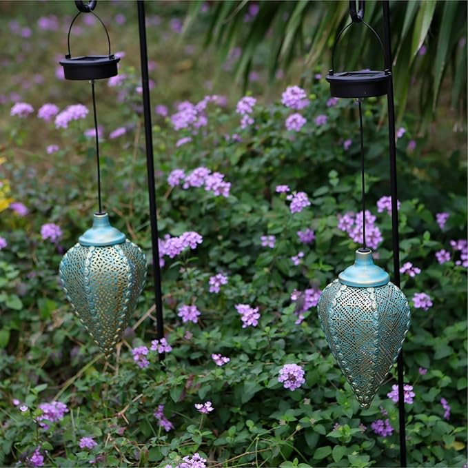 Solar Outdoor Lanterns- Hanging Lights, Set of 2 Moroccan Style Garden Party Decorative Rechargeable Lantern, Hurricane Lamps are Great for Front Porch, Patio and Yard