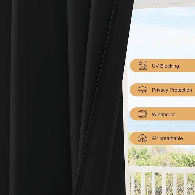 HolidayIdeas Outdoor Patio Curtains Waterproof with Rod Pocket 8 Panels 54x84 Inch- Protect Privacy Balcony Outdoor Curtains for Apartments,Porch, Gazebo, Pergola, Sliding Glass Door, Black