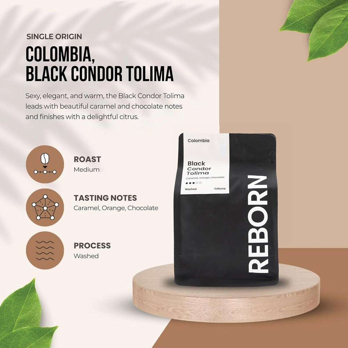 Reborn Coffee Specialty Whole Bean Coffee, Medium Roast, 12 Ounce, Colombia Black Condor Tolima, Flavor Notes of Chocolate, Nut, and Citrus