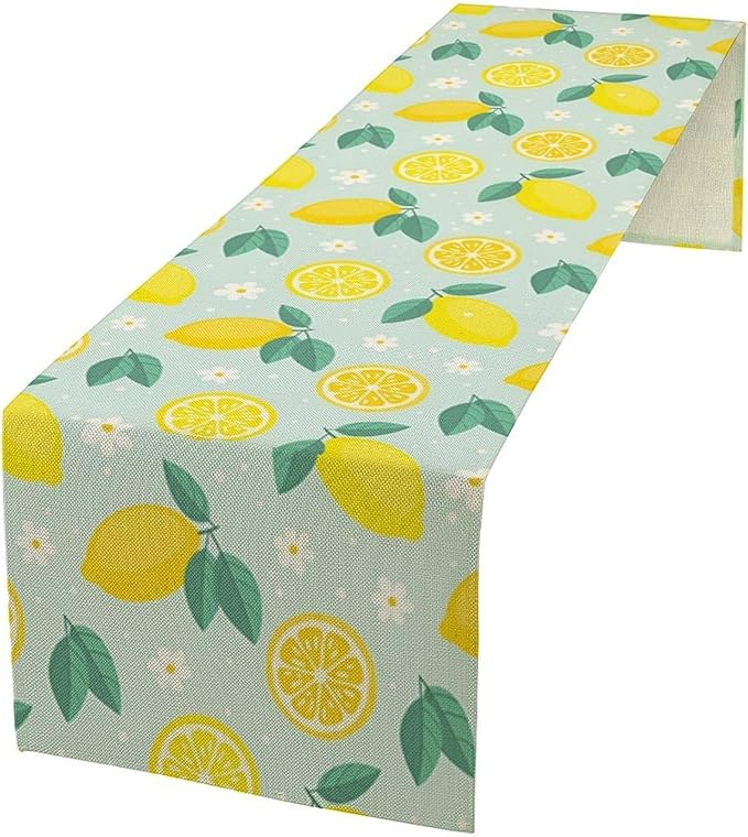 Spring Lemon Table Runner, Summer Seasonal Green Leaves Flowers Yellow Fruit Print Table Runner for Farmhouse Kitchen Dining Table Home Party Decor 13x108in