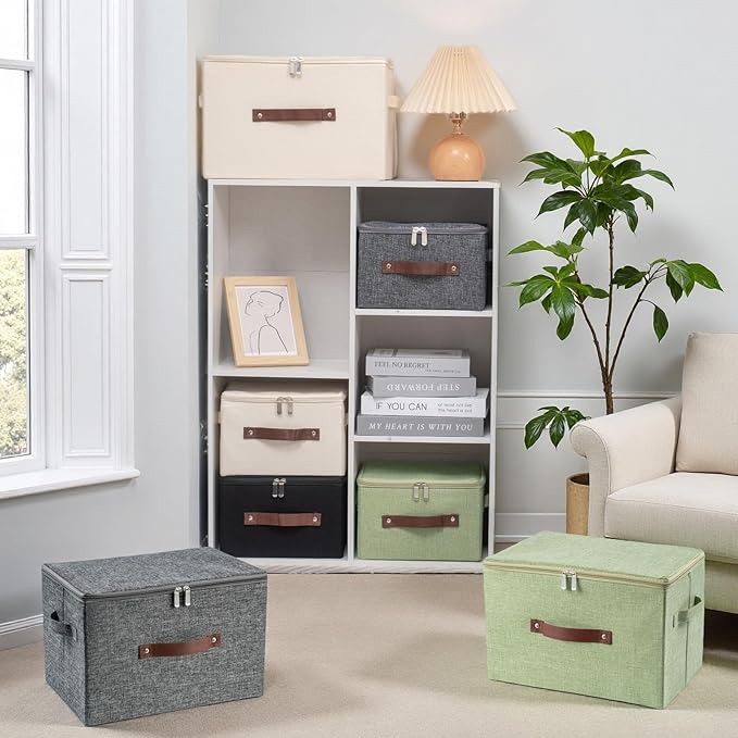 3 Pack Storage Bins with Zipper Lid Fabric Lidded Storage Boxes Baskets Cubes Washable Collapsible PU Leather Handle Cotton Linen Fabric Shelf Closet Organizer Container(Green, Small Size)
