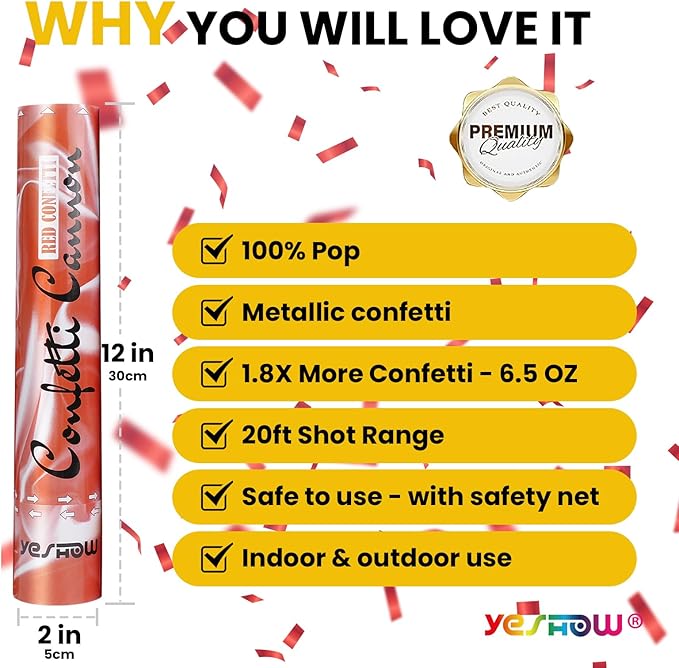 Confetti Cannon Party Poppers Shooters Red,YESHOW Confetti Bomb Blaster(6 pack) for Birthday Christmas New Year’s Eve Wedding Graduation
