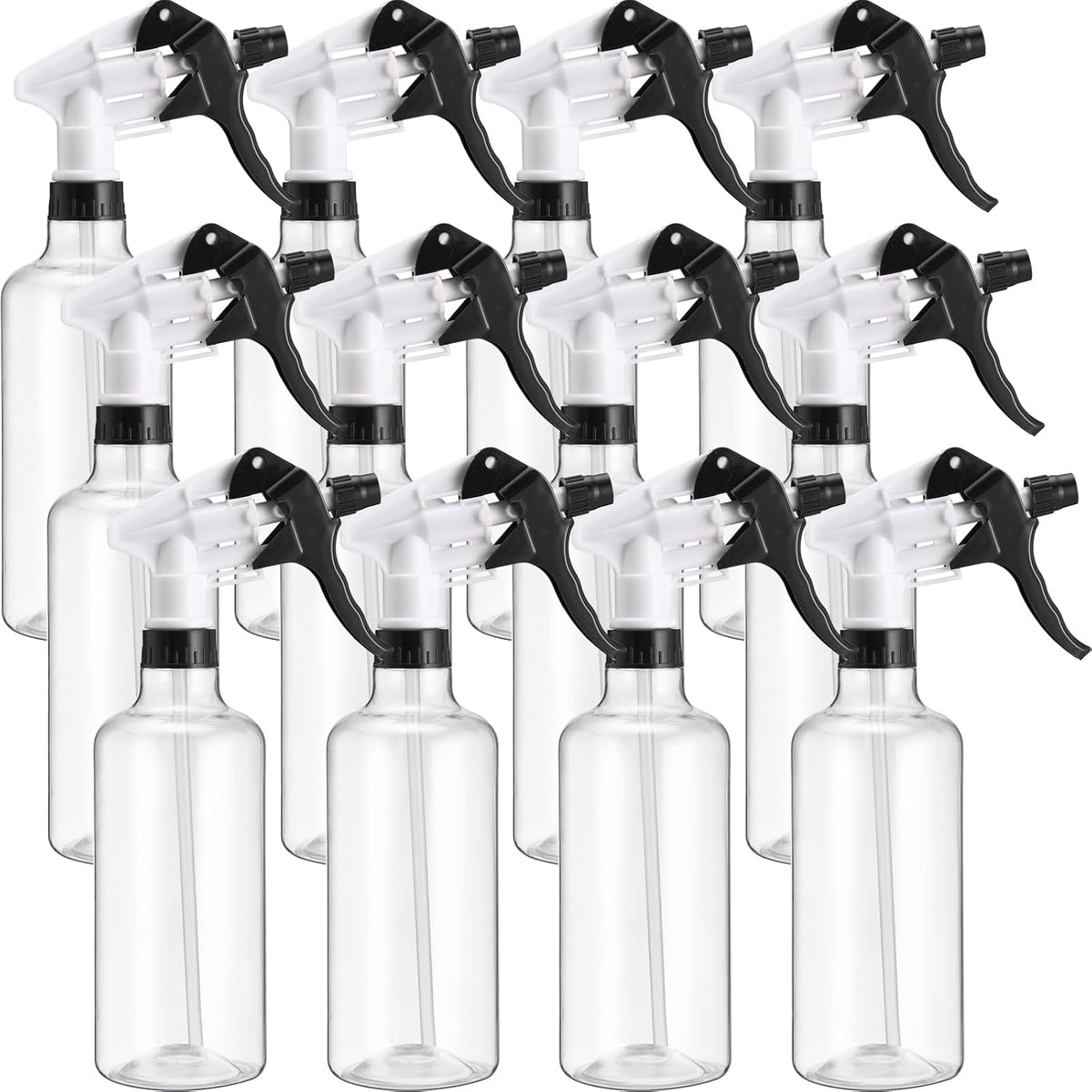 Eccliy 12 Pcs 16 Oz Plastic Spray Bottle, Adjustable Empty Reusable Sprayer for Cleaning, Planting, Water, Bathroom and Kitchen, BBQ, Commercial and Residential(Black,Clear)