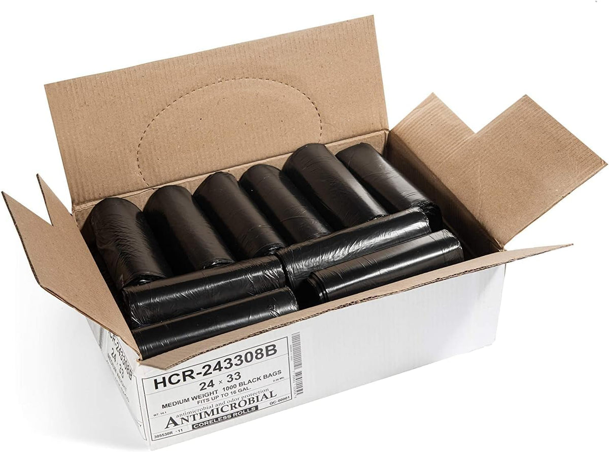 Aluf Plastics 12-16 Gallon Black Trash Bags (1000 Count) - 24" x 33" - 8 Micron Equivalent High Density Value Garbage Bags for Bathroom,Recycling(1 Pallet of 100 Cases, 100000 Bags Total)