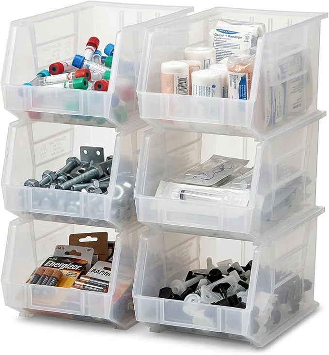 Quantum Storage QUS260 Heavy-Duty Stackable Plastic Storage Bins for Workshop, Warehouse & Garage, Ultra Stack & Hang, 18" x 11" x 10", Clear, 4-Pack