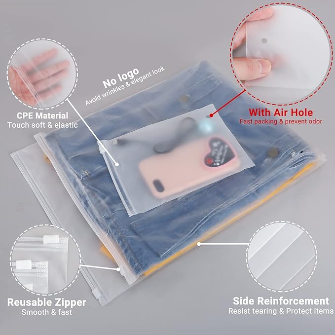 Clothes Packaging Bags for Shipping, 25 Count 14x16 inch Frosted Zipper Plastic Bags for Clothing, Thick Plastic Apparel Bag for Packaging T-Shirt, Shirt, 3 Mil, with Vent Holes Storage Bag