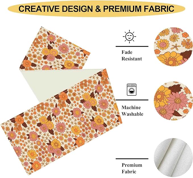 Groovy Floral Table Runner, Retro 70s Hippie Floral Funky Orange Floral Trippy Coffee Table Center Decor for Home Kitchen Dining Patio Holiday Party Indoor Outdoor Table Decorations, 13"x72" Inch