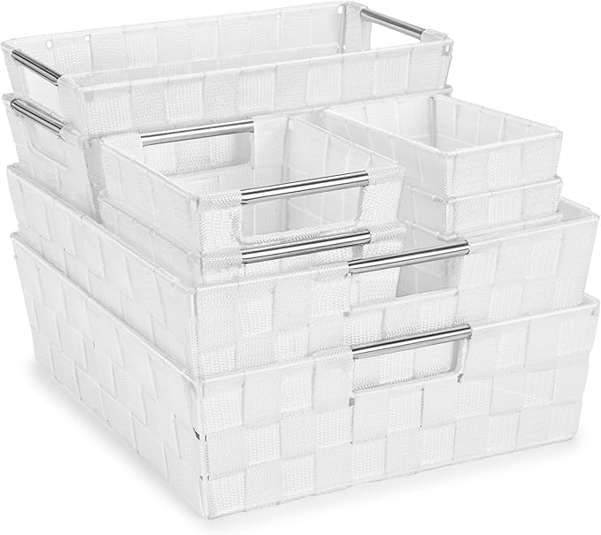 Sorbus Set of 9 Woven Storage Baskets – Mesh Hand-Woven Baskets for Organizing, Fabric Storage Bins for Linen Closet Organizer, Storage Baskets for Shelves, Home Organization and Decor (White)