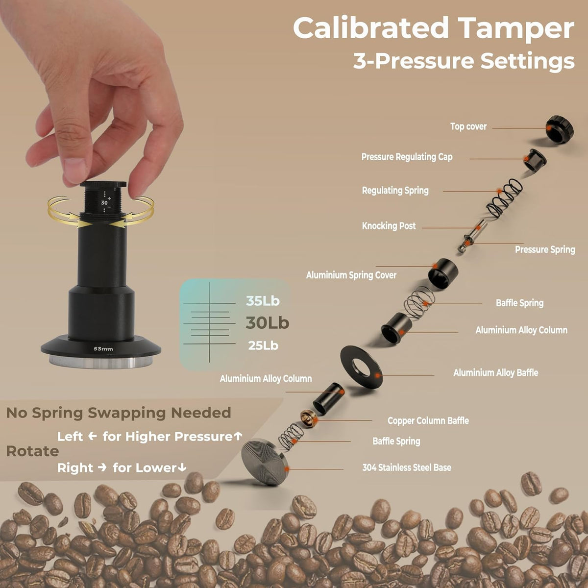 Coffee Tamper 51mm, Spring Loaded Espresso Tamper with 25lb/30lb/35lb Calibrated Springs, Sound Feedback & Ripple Base for Even Extraction