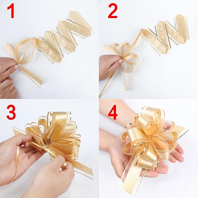 10 PCS Large Pull Bow Gift Wrapping Bows, Pull Bow with Ribbon for Wedding Gift Baskets, Party Gift Wrap Bows, Presents Decorating Bows (Gold)