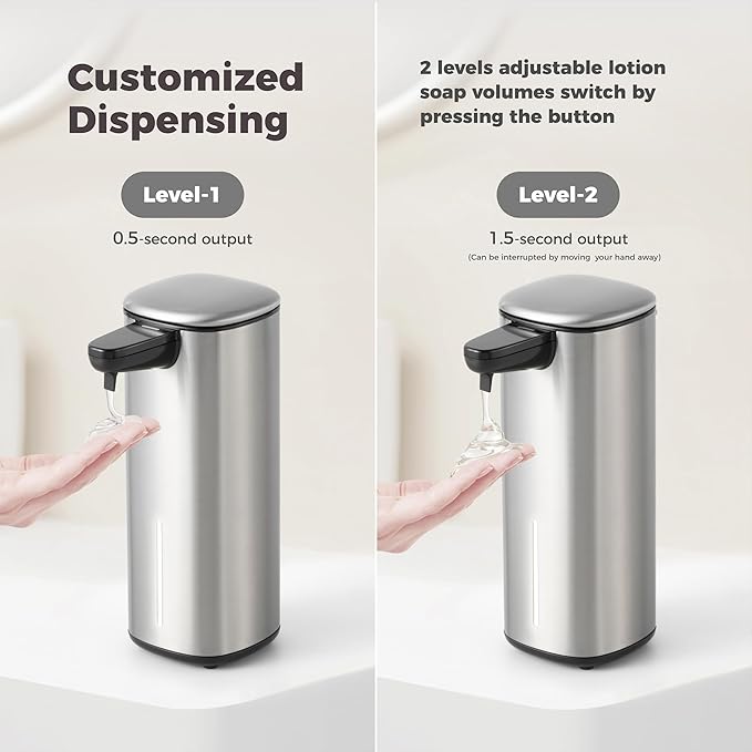 Sineng Automatic Soap Dispenser Touchless, 304 Stainless Steel Liquid Hand Soap Dispenser, 8.5oz/250ml 2 Adjustable Levels Water-Resistant and Rechargeable Kitchen Bathroom Soap Dispenser